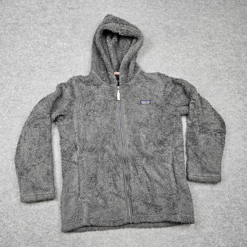 Patagonia Jacket Girls XL Gray Fuzzy Fleece Hooded Full Zip Cozy Soft Warm